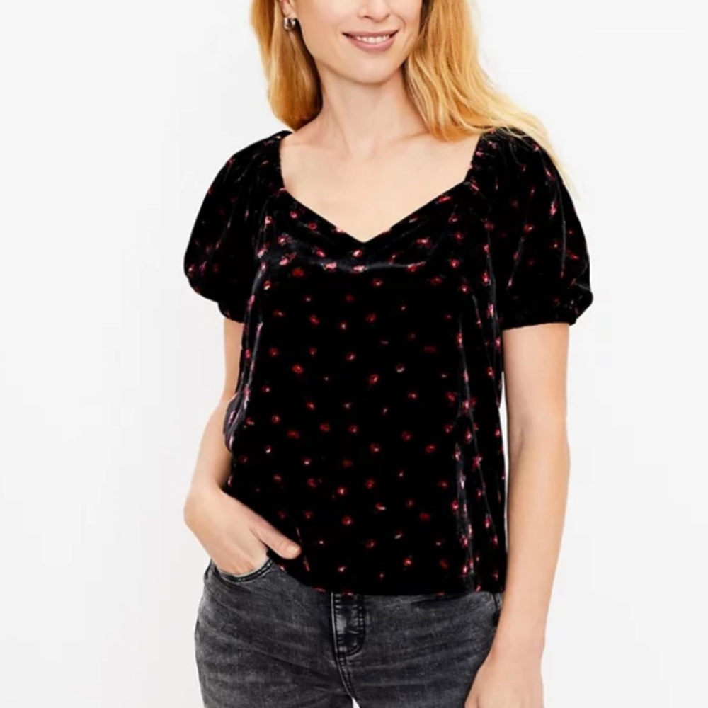 Loft Floral Velvet Puff Sleeve Top - Size XS